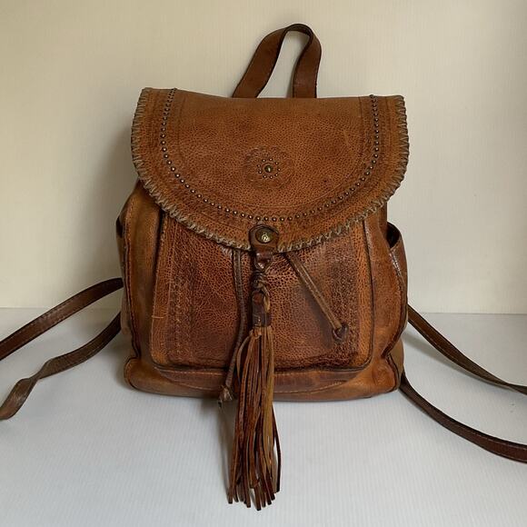 Patricia Nash Vintage Leather Backpack Brown Boho Tassel Studded Festival Y2K - Picture 1 of 16
